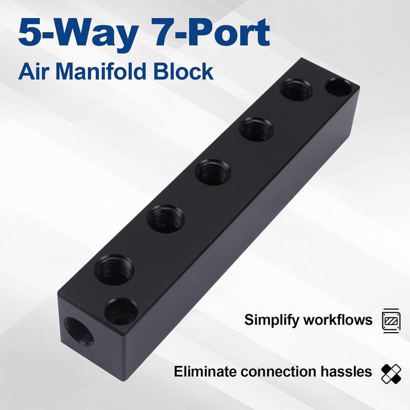 MARSTEK Air Manifold 1/4 NPT, Air Compressor Manifold, Air Hose Inline Manifold Block Splitter, Pneumatic Manifold Air Distribution Block, NPT 1/4 Inch Port (5 Way 7 Port) - Image 2
